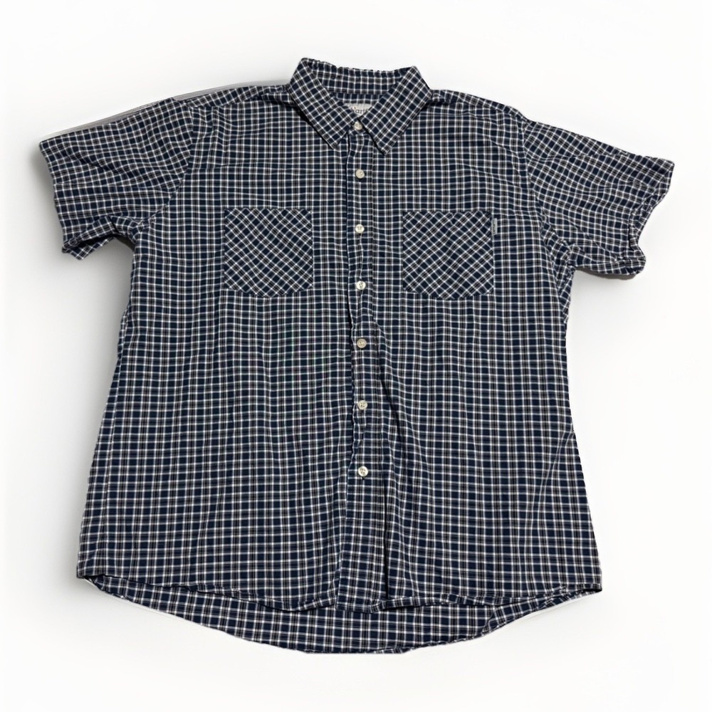 Carhartt S245 Short Sleeve Plaid Shirt‎ Men 2XL Navy Blue 100% Cotton